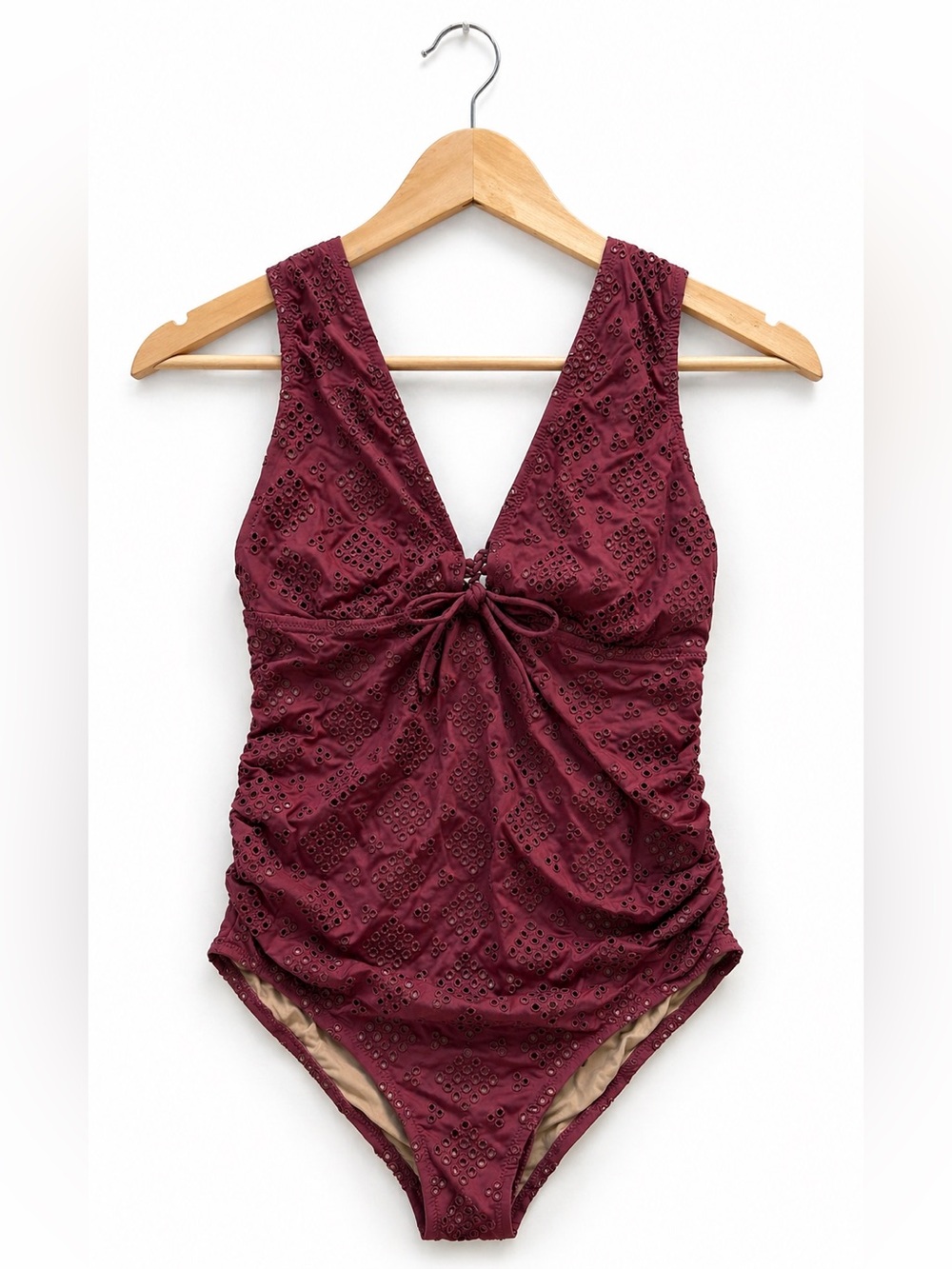 A Pea in the Pod Burgundy Eyelet One Piece Swimsuit Small Ruched Tie Front